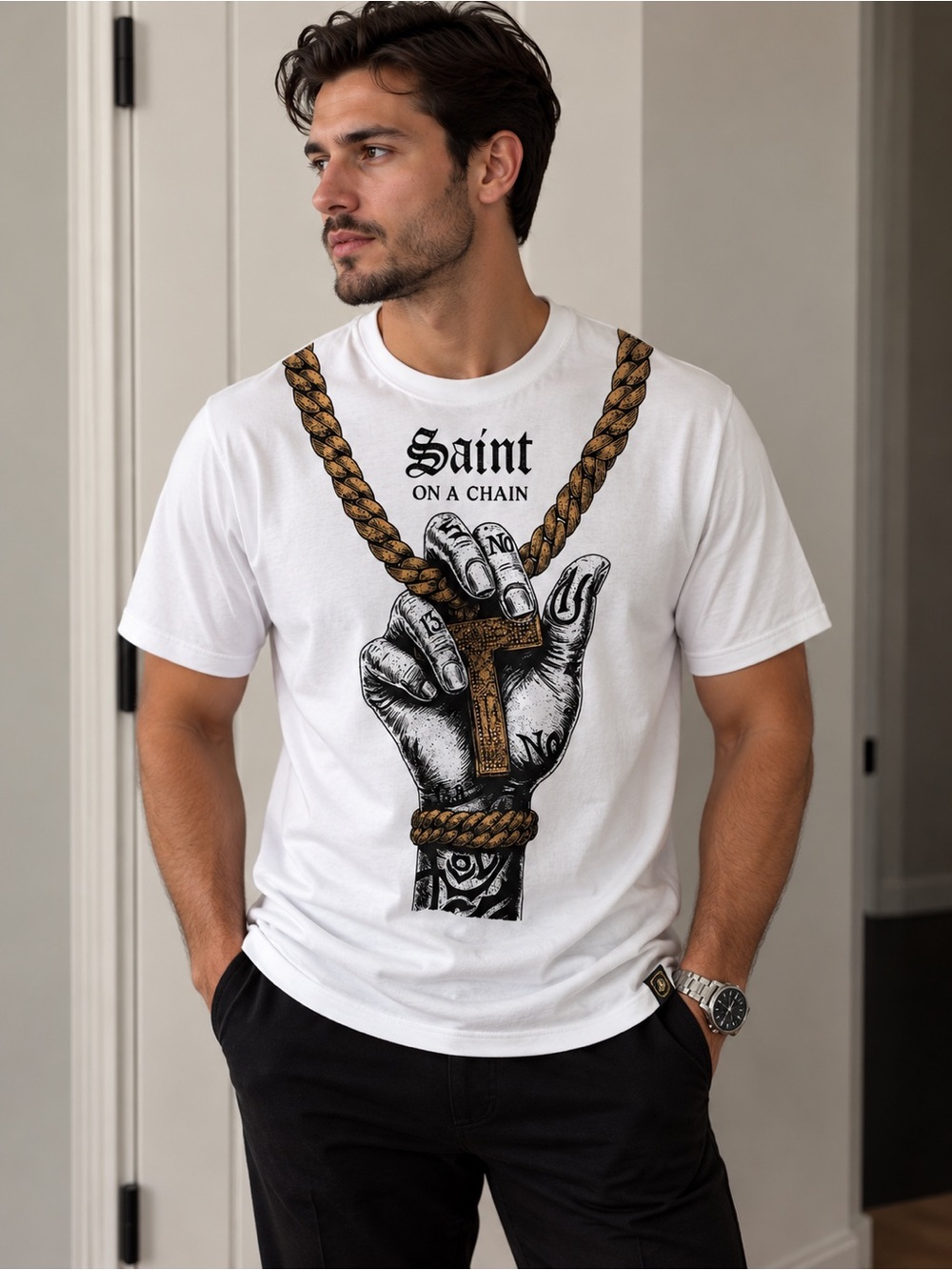 Saint On A Chain White Graphic Short Sleeve Tee for Men